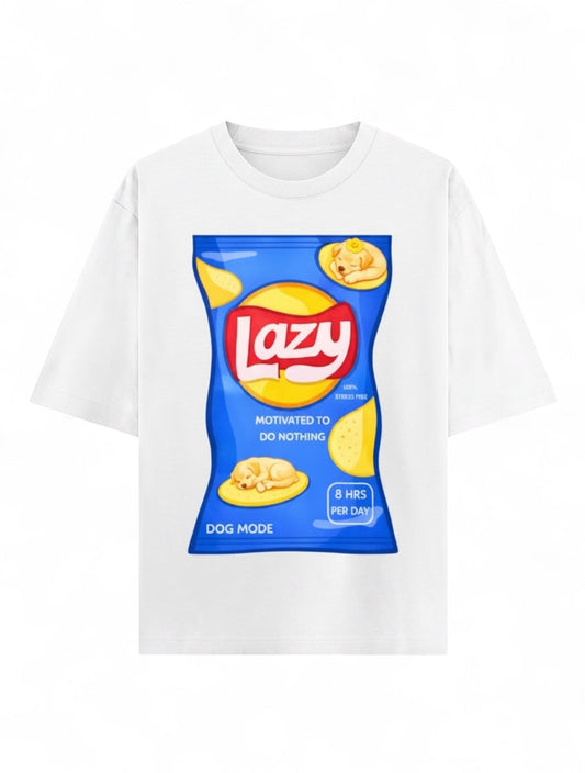 Frolic Saga white oversized t-shirt with a blue chip bag graphic parodying 'Lazy Dog Mode' with sleeping dogs.