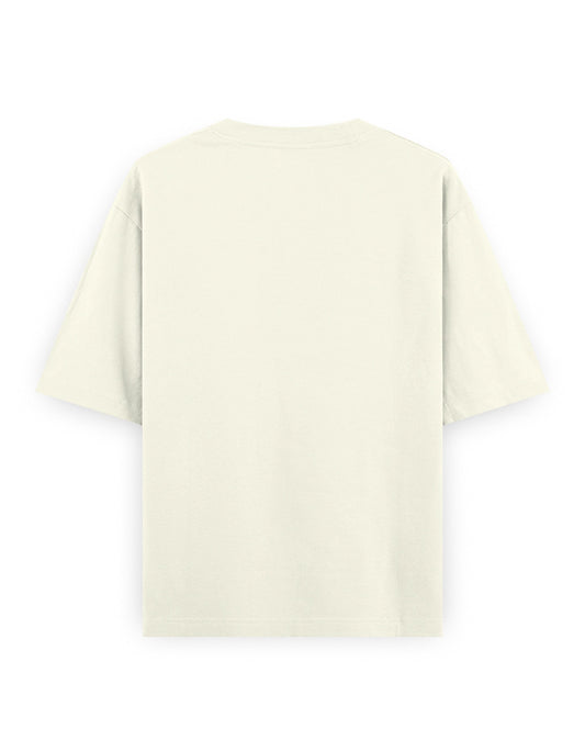 Need Money To Keep Living off white oversized tee, back view - Frolic Saga