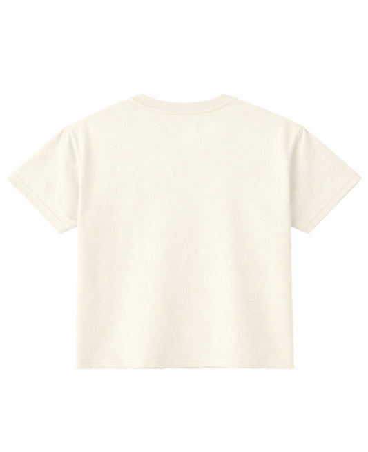 Off white oversized boxy fit tee, back view - Frolic Saga Bare Minimum