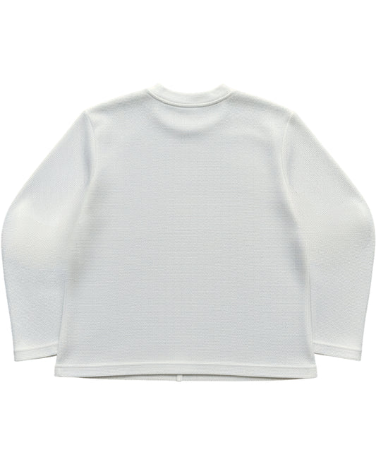 Off white waffle knit oversized full sleeve tee, back view - Frolic Saga Bare Minimum