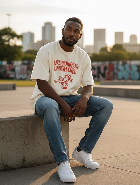 Frolic Saga off-white 100% cotton oversized t-shirt with red "Overworked & Underfucked" graphic and cat illustration.