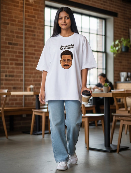 Frolic Saga white 100% cotton oversized tee with a graphic of Rakesh Bedi as Jameel Jamali and the text "Arre baccha hai tu mera!"