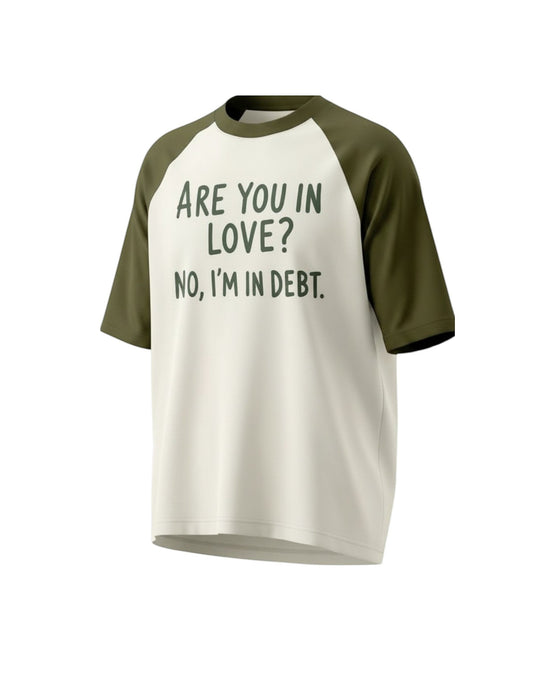 Frolic Saga unisex oversized raglan t-shirt in cream and olive green with Are You In Love graphic print.