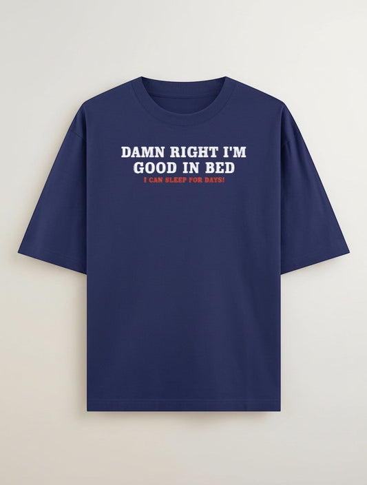 Frolic Saga navy blue 100% cotton oversized t-shirt with white and red text graphic.