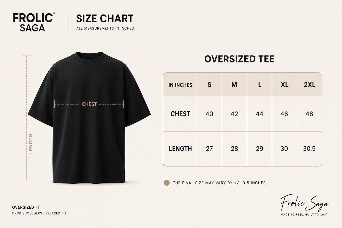 Frolic Saga oversized black t-shirt size chart with chest and length measurements for unisex streetwear fit.