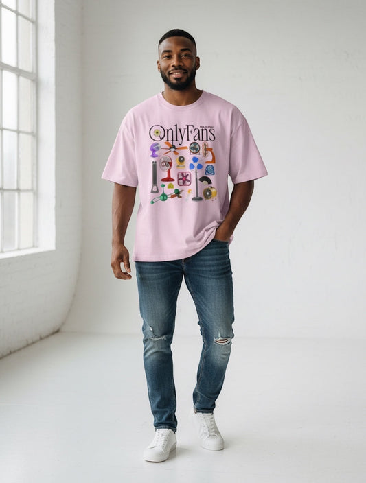 Frolic Saga light pink oversized cotton t-shirt with a graphic collage of various fans and the text "OnlyFans" on the front.