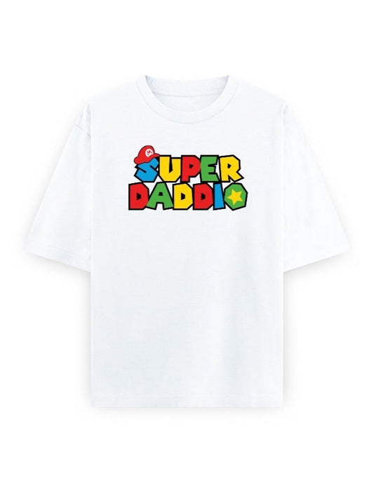 Frolic Saga white 100% cotton oversized t-shirt with colorful "Super Daddi" Super Mario-inspired graphic.