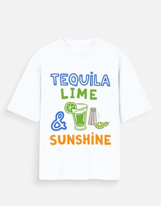 Frolic Saga white 100% cotton oversized t-shirt with "Tequila Lime & Sunshine" graphic print and a lime margarita glass.