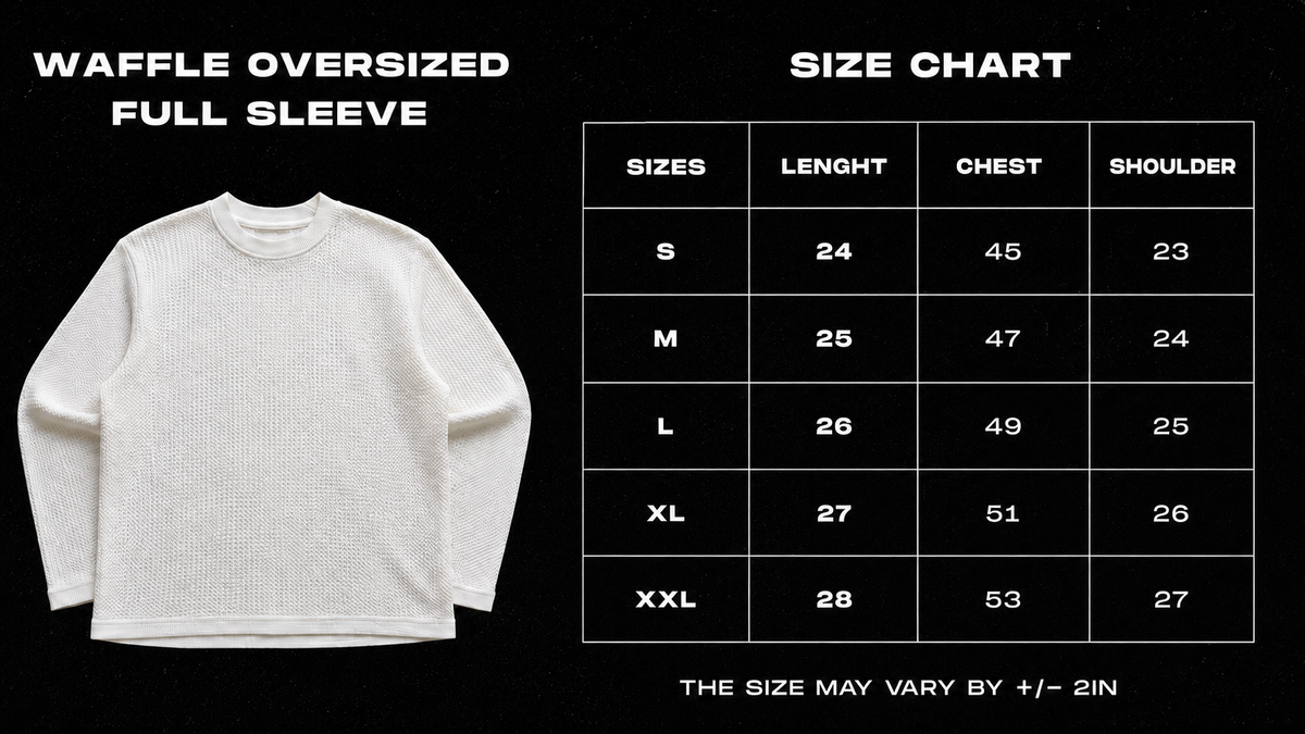 Frolic Saga waffle knit full sleeve tee size chart with chest and length measurements in inches