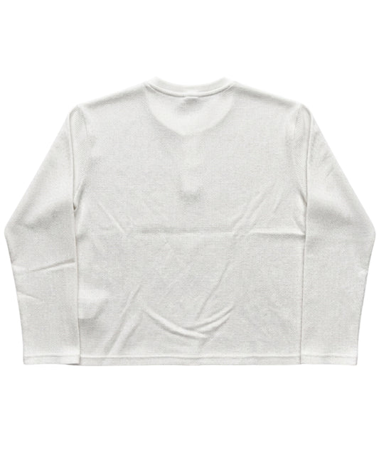 White Henley waffle knit oversized full sleeve tee, back view - Frolic Saga Bare Minimum