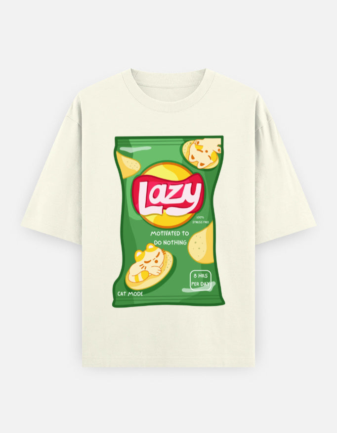 LAZY Oversized T-Shirt for Men & Women β Funny Chips Packet Graphic | 240 GSM Cotton | Unisex Cat Mode Tee | Frolic Saga