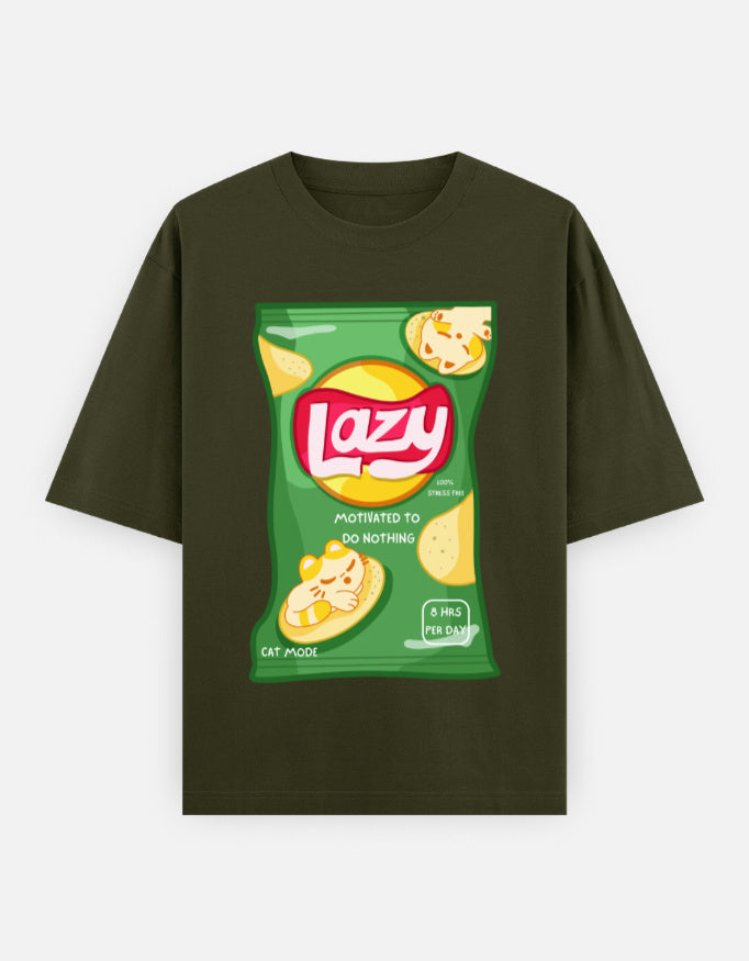 LAZY Oversized T-Shirt for Men & Women β Funny Chips Packet Graphic | 240 GSM Cotton | Unisex Cat Mode Tee | Frolic Saga