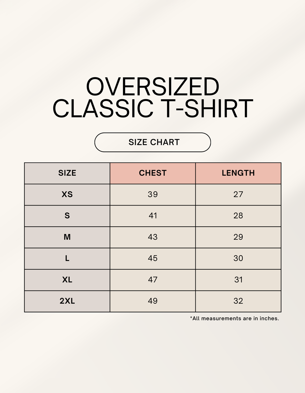 Frolic Saga oversized tee size chart with chest and length measurements in inches