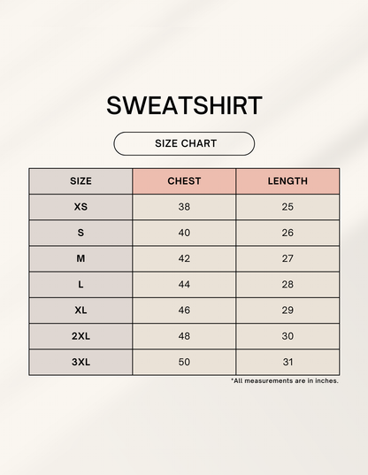 Frolic Saga unisex sweatshirt size chart with chest, length and sleeve measurements in inches