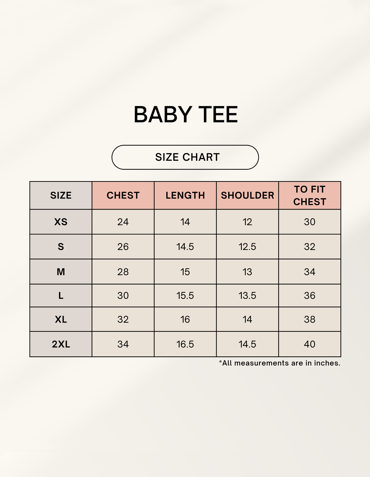 Frolic Saga baby tee size chart with chest and length measurements in inches