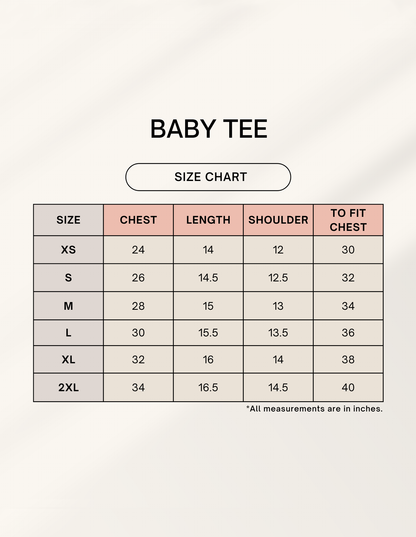 Frolic Saga baby tee size chart with chest and length measurements in inches