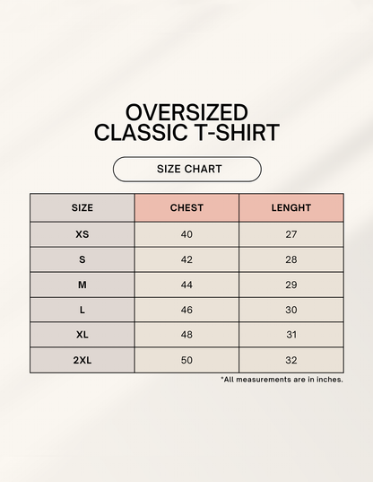 Frolic Saga oversized tee size chart with chest, length and sleeve measurements in inches