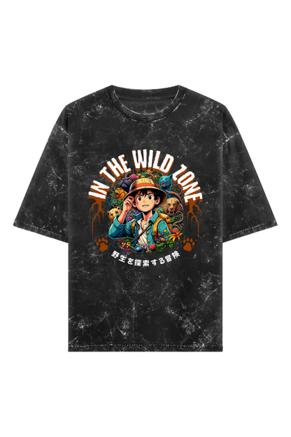 Acid washed unisex oversized  t-shirt with anime-style jungle explorer print and “In The Wild Zone” text, 240 GSM heavyweight 100% cotton.
