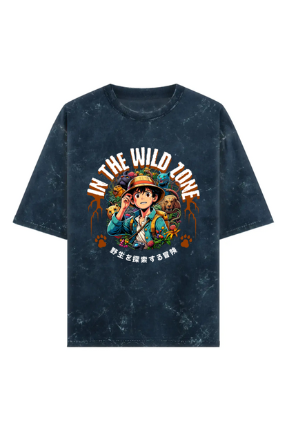 Acid washed unisex oversized  t-shirt with anime-style jungle explorer print and “In The Wild Zone” text, 240 GSM heavyweight 100% cotton.