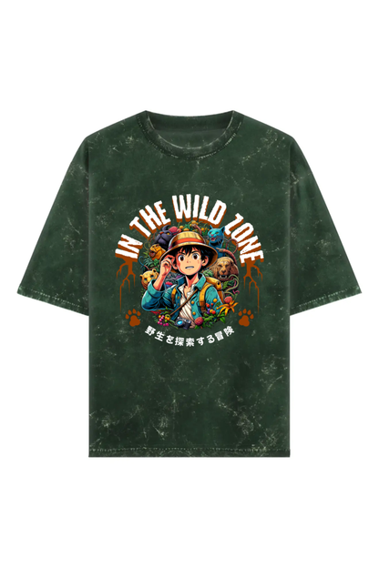 Acid washed unisex oversized  t-shirt with anime-style jungle explorer print and “In The Wild Zone” text, 240 GSM heavyweight 100% cotton.