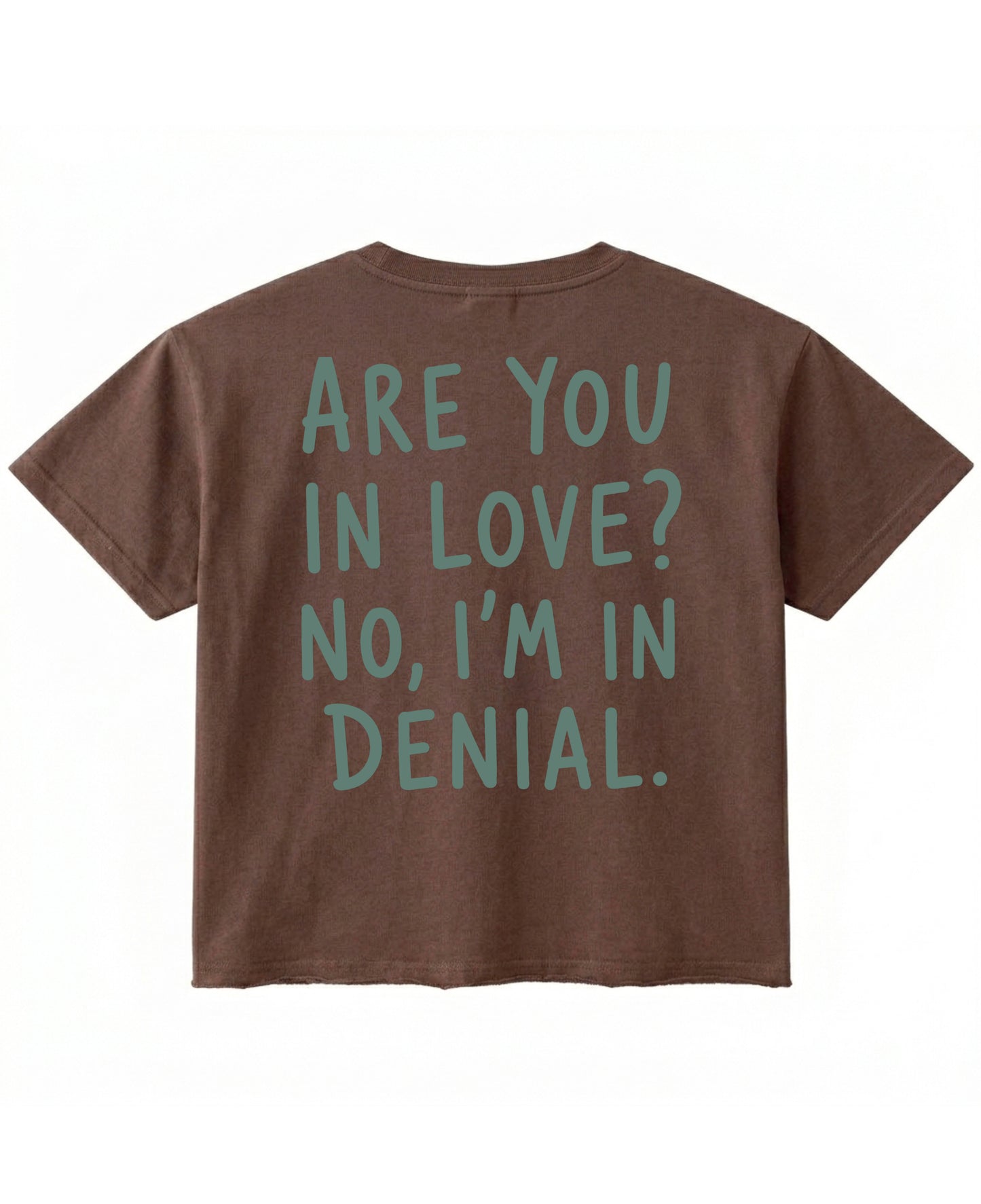 Back view of a brown boxy fit t-shirt with a raw unfinished bottom hem. It features large sage green text reading Are You In Love? No, I'm In Denial.