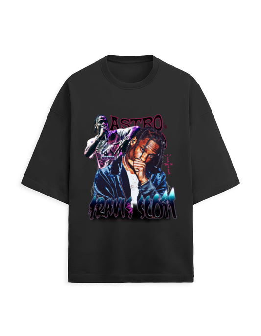 Color_Black Astro Travis Scott Oversized Unisex French Terry T-Shirt (260 GSM) | Rapper Graphic Hip-Hop Streetwear Tee by Frolic Saga