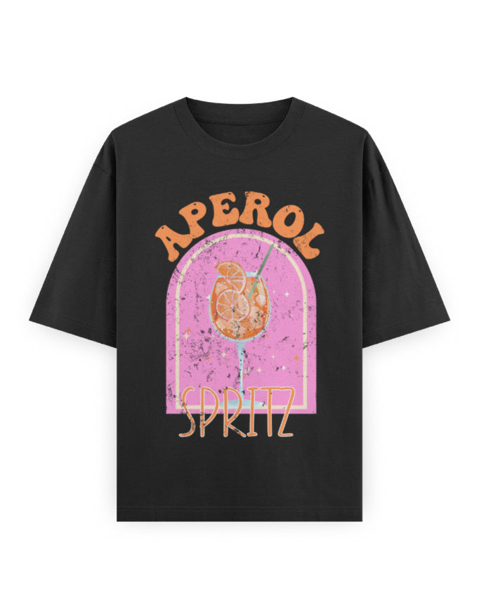 Black t-shirt with Aperol Spritz graphic design on a white background