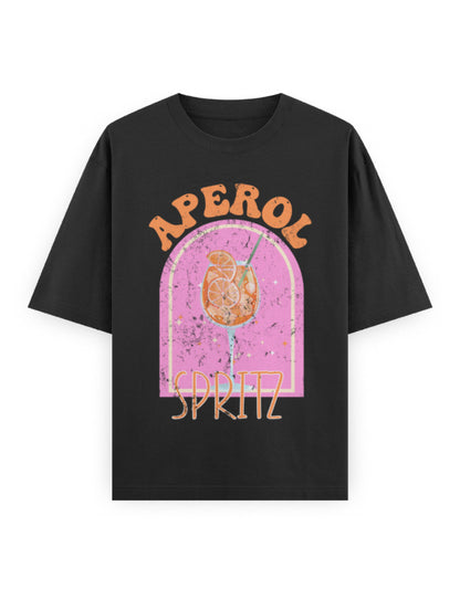 Black t-shirt with Aperol Spritz graphic design on a white background