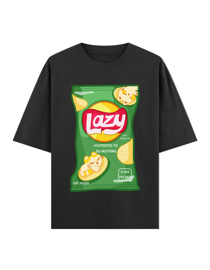 LAZY Oversized T-Shirt for Men & Women – Funny Chips Packet Graphic | 240 GSM Cotton | Unisex Cat Mode Tee | Frolic Saga