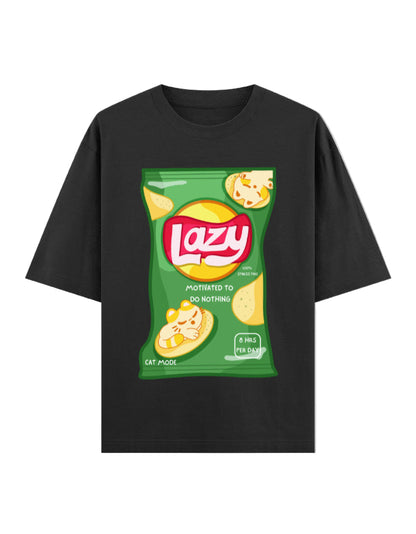 LAZY Oversized T-Shirt for Men & Women – Funny Chips Packet Graphic | 240 GSM Cotton | Unisex Cat Mode Tee | Frolic Saga