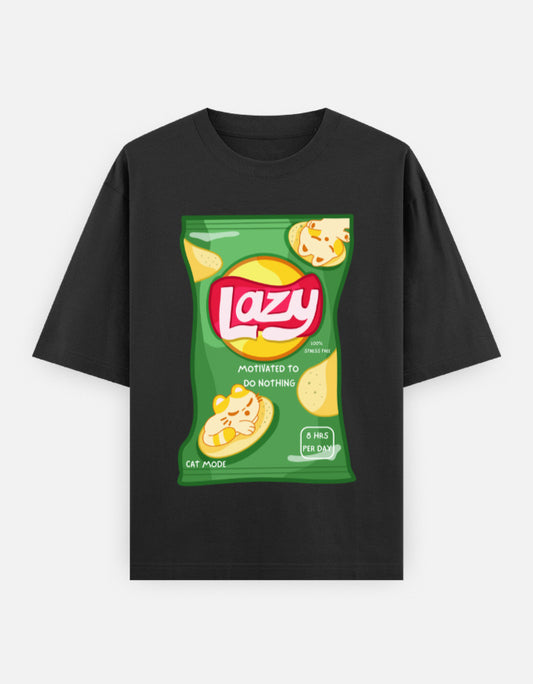 LAZY Oversized T-Shirt for Men & Women – Funny Chips Packet Graphic | 240 GSM Cotton | Unisex Cat Mode Tee | Frolic Saga