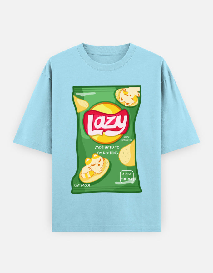 LAZY Oversized T-Shirt for Men & Women – Funny Chips Packet Graphic | 240 GSM Cotton | Unisex Cat Mode Tee | Frolic Saga