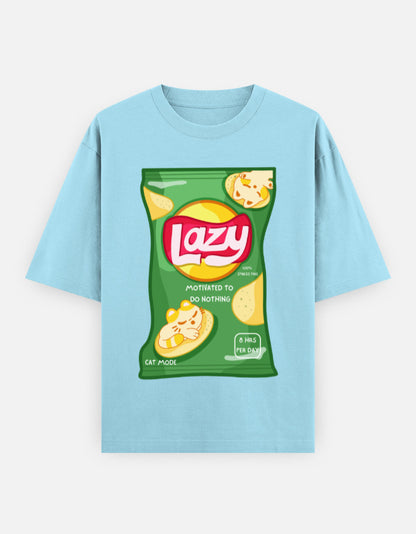 LAZY Oversized T-Shirt for Men & Women – Funny Chips Packet Graphic | 240 GSM Cotton | Unisex Cat Mode Tee | Frolic Saga