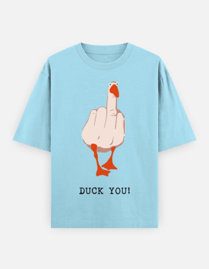 Blue unisex oversized t-shirt featuring a bold illustrated duck flipping the middle finger with text "Duck You!" – Gen Z humor graphic streetwear by Frolic Saga