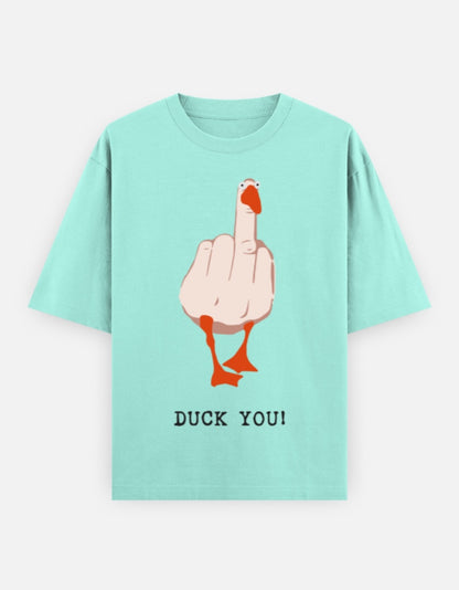 green  unisex oversized t-shirt featuring a bold illustrated duck flipping the middle finger with text "Duck You!" – Gen Z humor graphic streetwear by Frolic Saga