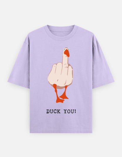 lavender unisex oversized t-shirt featuring a bold illustrated duck flipping the middle finger with text "Duck You!" – Gen Z humor graphic streetwear by Frolic Saga