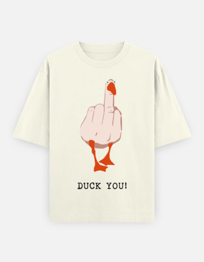 off White unisex oversized t-shirt featuring a bold illustrated duck flipping the middle finger with text "Duck You!" – Gen Z humor graphic streetwear by Frolic Saga