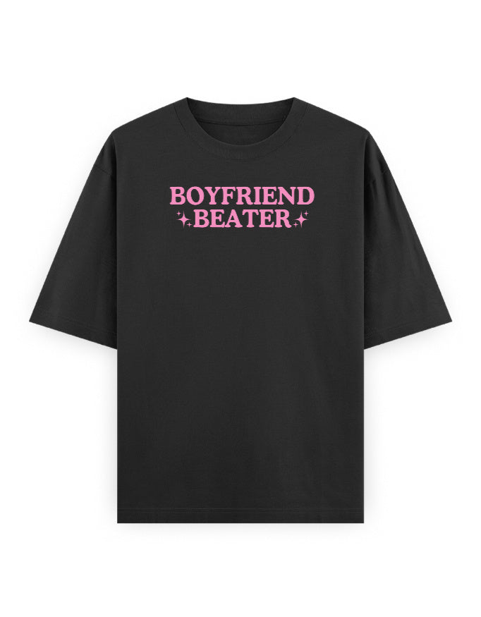 Black t-shirt with pink text 'BOYFRIEND BEATER' on a white background