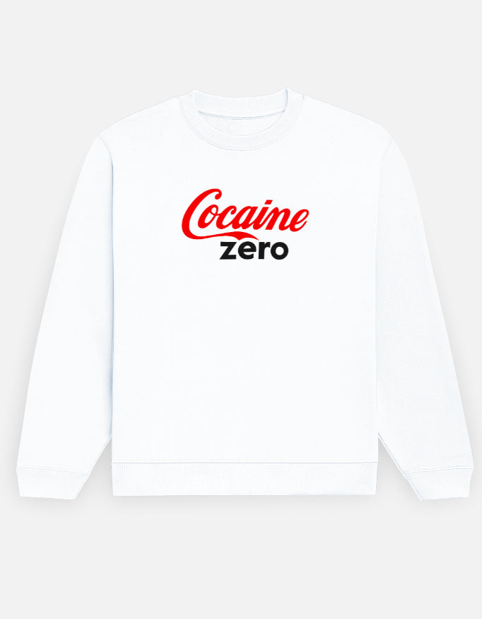 Color_White Cocaine Zero — a tongue-in-cheek parody crew sweatshirt in plush 300 GSM cotton fleece. Relaxed unisex fit, bold front script — cozy, cheeky, and street-ready.