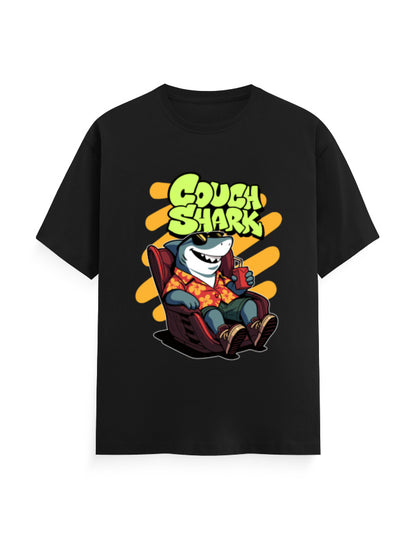 Color_Black Couch Shark Unisex T-Shirt – 180 GSM 100% Cotton Funny Lazy Shark Graphic Tee