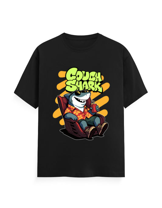 Color_Black Couch Shark Unisex T-Shirt – 180 GSM 100% Cotton Funny Lazy Shark Graphic Tee
