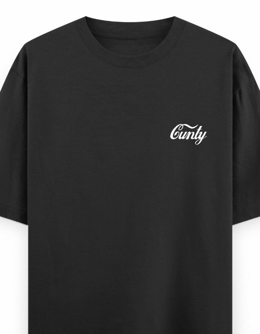Black t-shirt with a small white "county" logo on a light gray background
