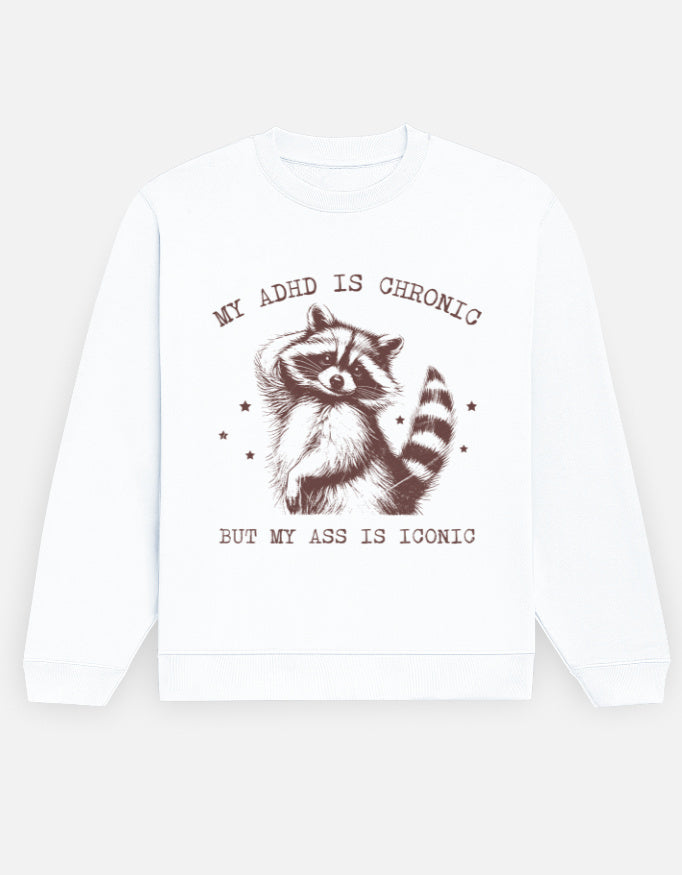 Color_White ironic sweatshirt, ADHD humor sweatshirt, raccoon graphic crew, 300 GSM fleece, unisex crewneck, vintage graphic sweatshirt, edgy statement crew, dark-humor sweatshirt, cozy novelty sweatshirt