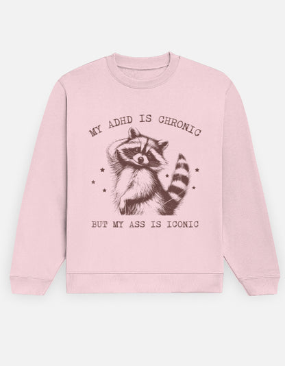 Color_LightBabyPink ironic sweatshirt, ADHD humor sweatshirt, raccoon graphic crew, 300 GSM fleece, unisex crewneck, vintage graphic sweatshirt, edgy statement crew, dark-humor sweatshirt, cozy novelty sweatshirt