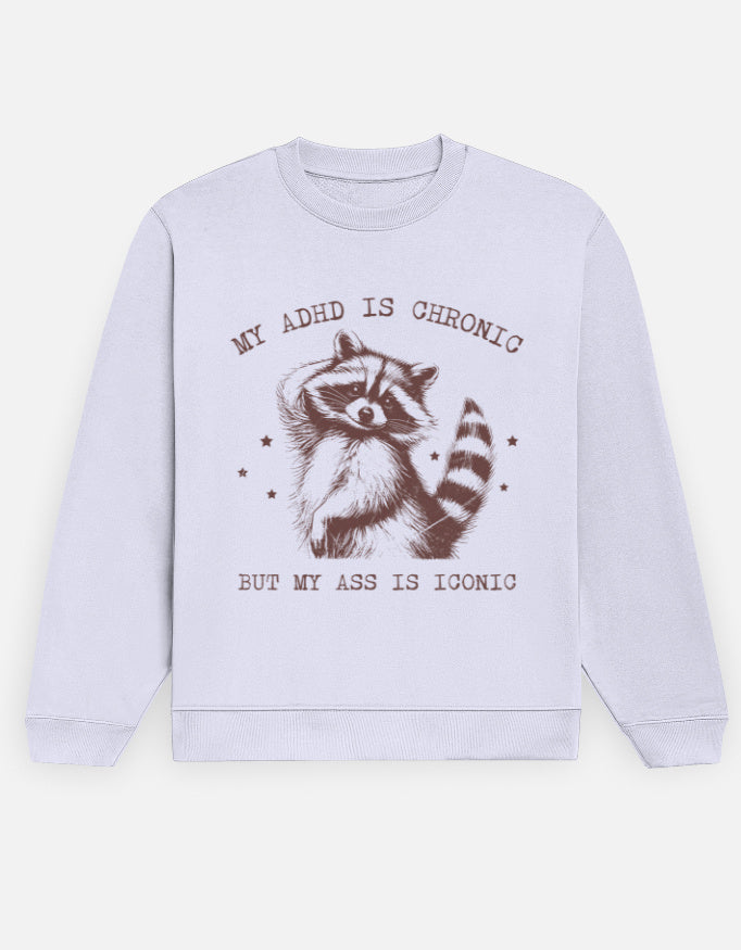 Color_Lavender ironic sweatshirt, ADHD humor sweatshirt, raccoon graphic crew, 300 GSM fleece, unisex crewneck, vintage graphic sweatshirt, edgy statement crew, dark-humor sweatshirt, cozy novelty sweatshirt