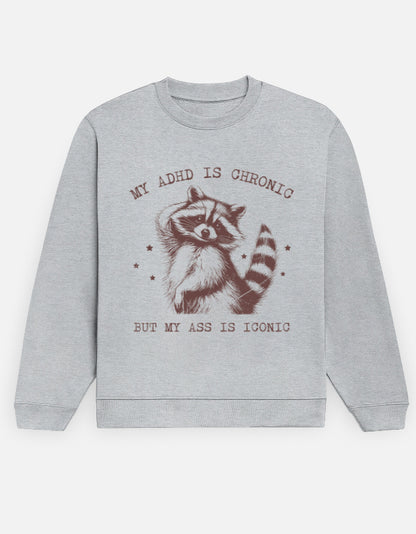 Color_GreyMelange ironic sweatshirt, ADHD humor sweatshirt, raccoon graphic crew, 300 GSM fleece, unisex crewneck, vintage graphic sweatshirt, edgy statement crew, dark-humor sweatshirt, cozy novelty sweatshirt