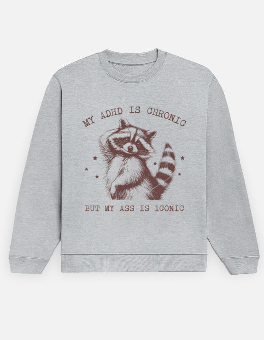 Color_GreyMelange ironic sweatshirt, ADHD humor sweatshirt, raccoon graphic crew, 300 GSM fleece, unisex crewneck, vintage graphic sweatshirt, edgy statement crew, dark-humor sweatshirt, cozy novelty sweatshirt