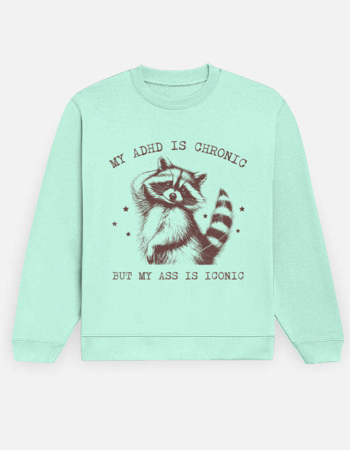 Color_Mint ironic sweatshirt, ADHD humor sweatshirt, raccoon graphic crew, 300 GSM fleece, unisex crewneck, vintage graphic sweatshirt, edgy statement crew, dark-humor sweatshirt, cozy novelty sweatshirt