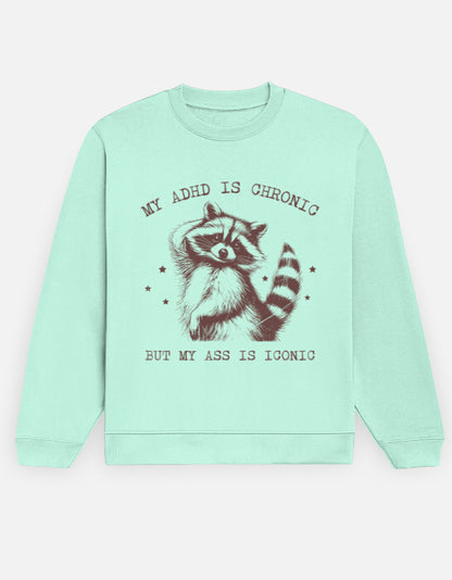 Color_Mint ironic sweatshirt, ADHD humor sweatshirt, raccoon graphic crew, 300 GSM fleece, unisex crewneck, vintage graphic sweatshirt, edgy statement crew, dark-humor sweatshirt, cozy novelty sweatshirt