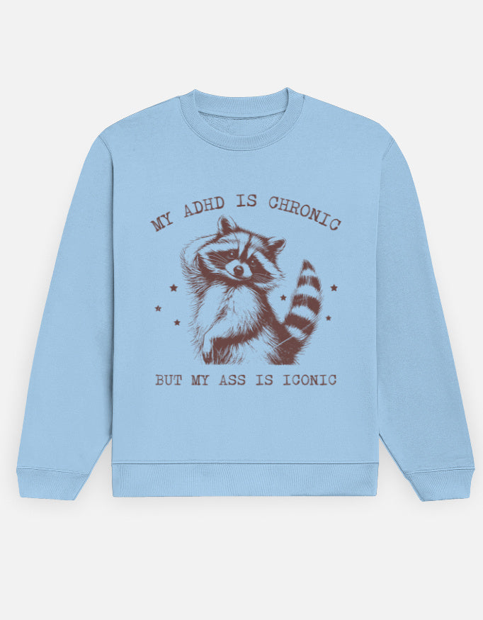 Color_BabyBlue ironic sweatshirt, ADHD humor sweatshirt, raccoon graphic crew, 300 GSM fleece, unisex crewneck, vintage graphic sweatshirt, edgy statement crew, dark-humor sweatshirt, cozy novelty sweatshirt